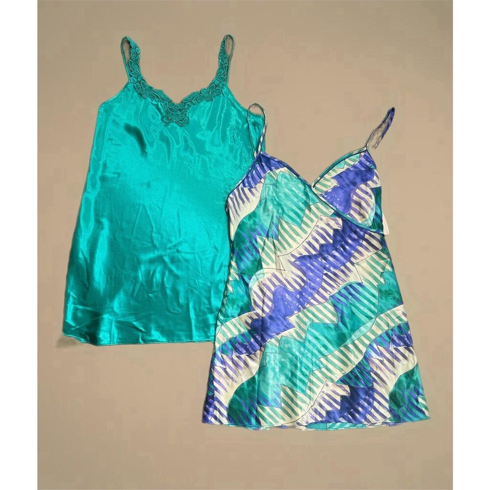 Lot It 2 California Dynasty Slip Nightgown Large Floral Blue Lace Chemise VTG0